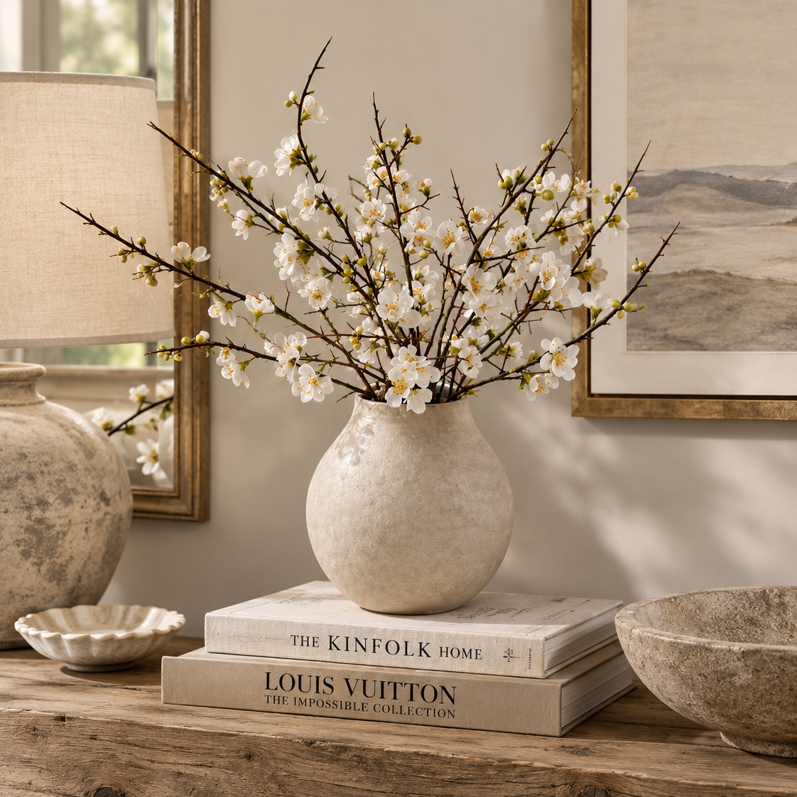 A rustic beige ceramic vase filled with white blossoms and dark branches, displayed on stacked books on a wooden console table in a styled interior setting.