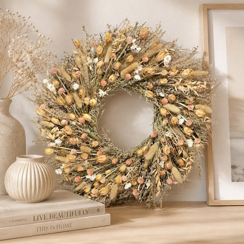 A round dried floral wreath in beige, tan, cream, and soft pink tones, displayed on a light wood console table beside books, a ribbed ceramic vase, and a framed print against a warm beige wall.