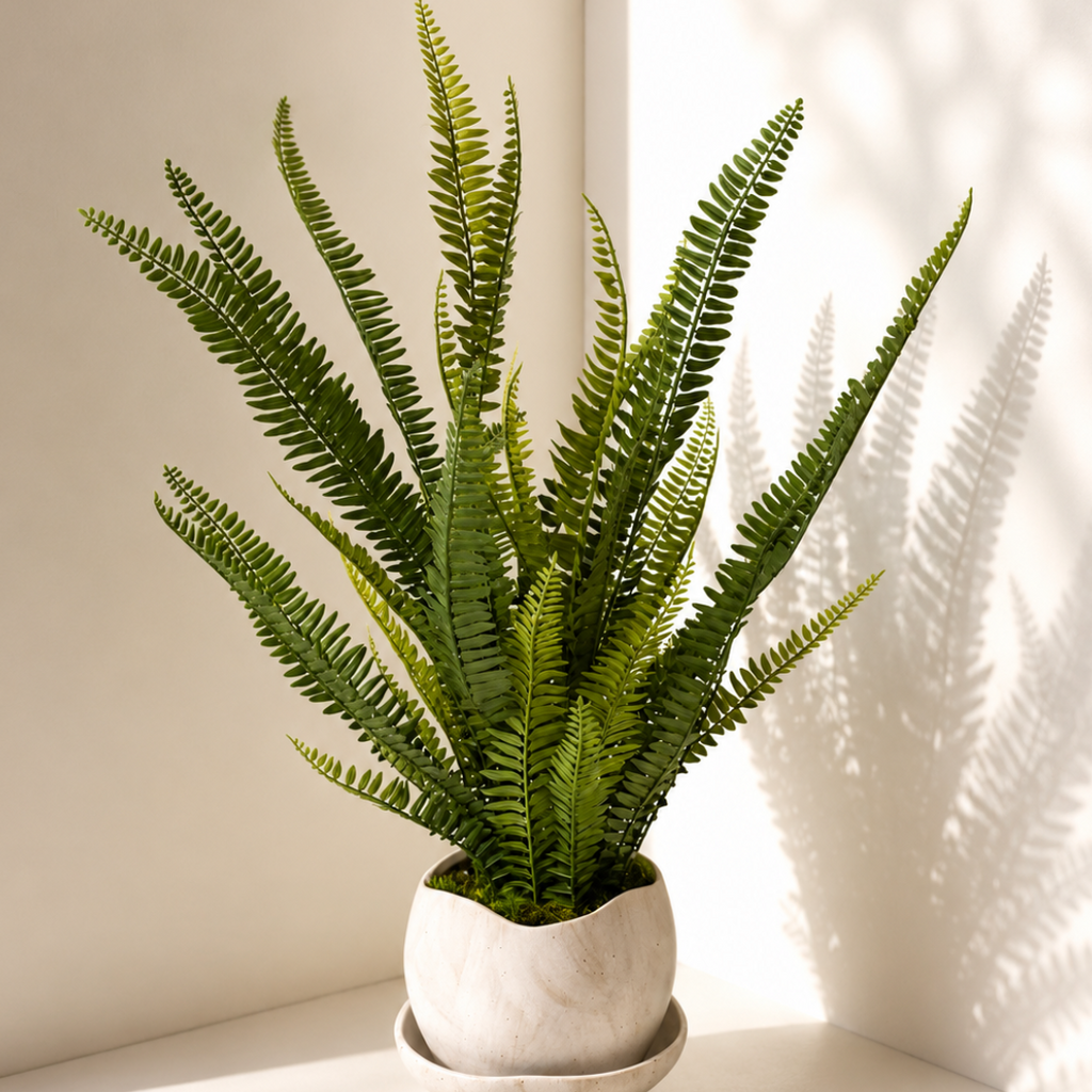 A green fern plant in a textured off-white ceramic pot and saucer, set in a minimalist corner with warm sunlight and leaf shadows.