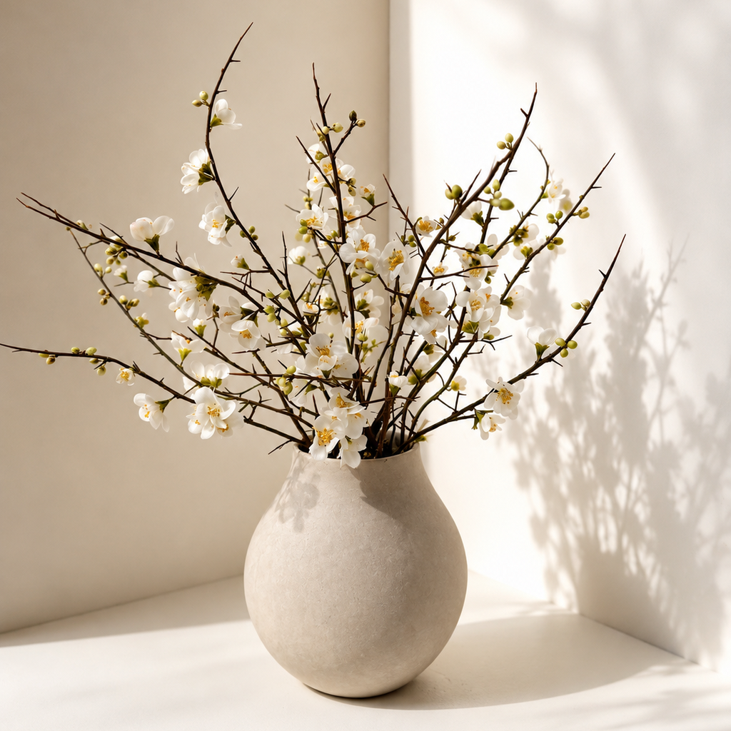A matte beige ceramic vase holding dried branches with small white blossoms, placed on a white surface in a sunlit corner with soft shadows cast across the wall.