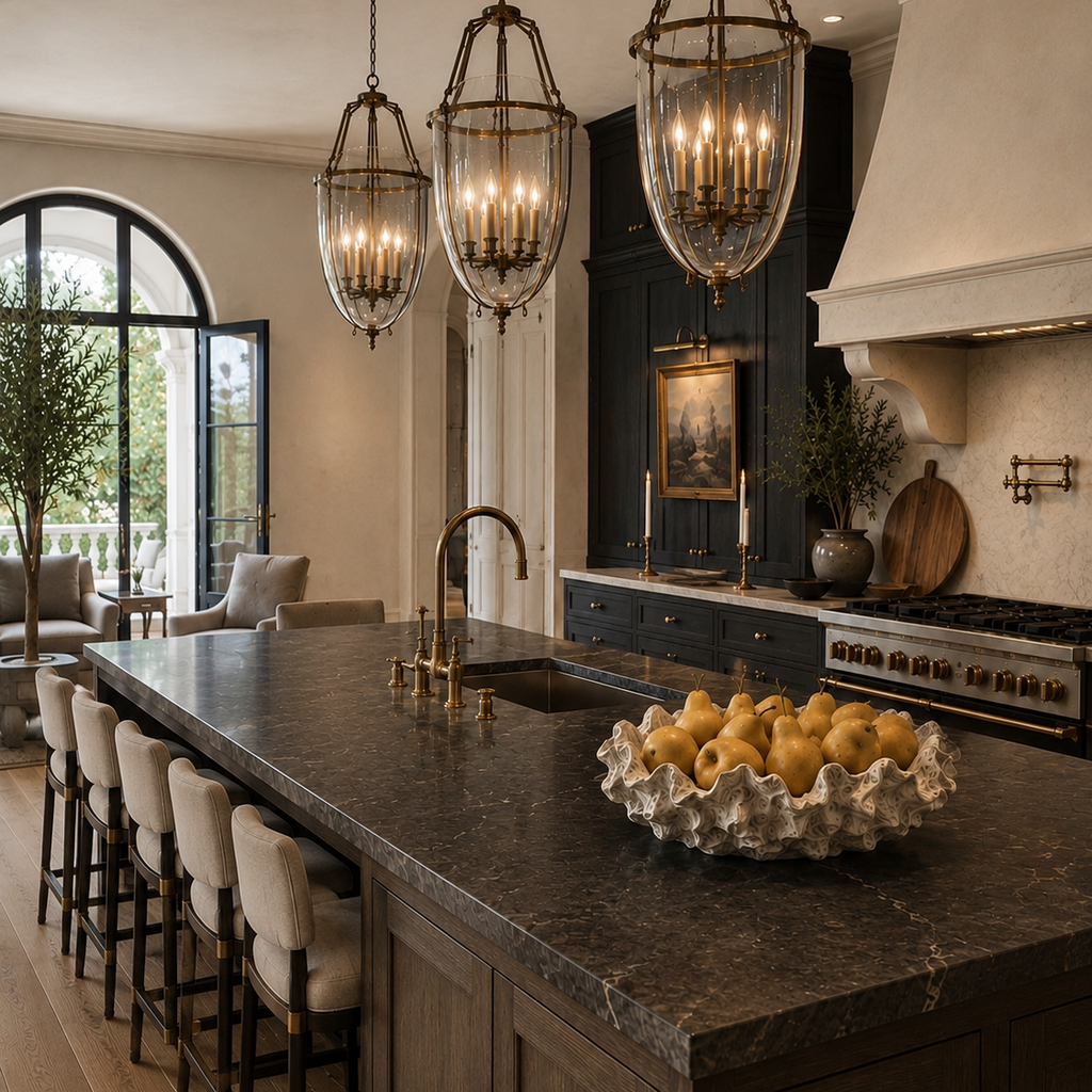 A luxury kitchen interior featuring three hanging glass lantern pendant lights with candle-style bulbs, a dark wood island with a polished stone countertop, bar stools, and a bowl of lemons on the counter.