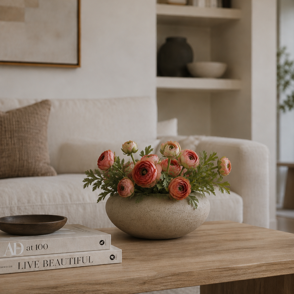 A rustic beige ceramic bowl filled with coral-pink ranunculus flowers and green foliage, styled on a wooden coffee table in a warm, modern living room setting.