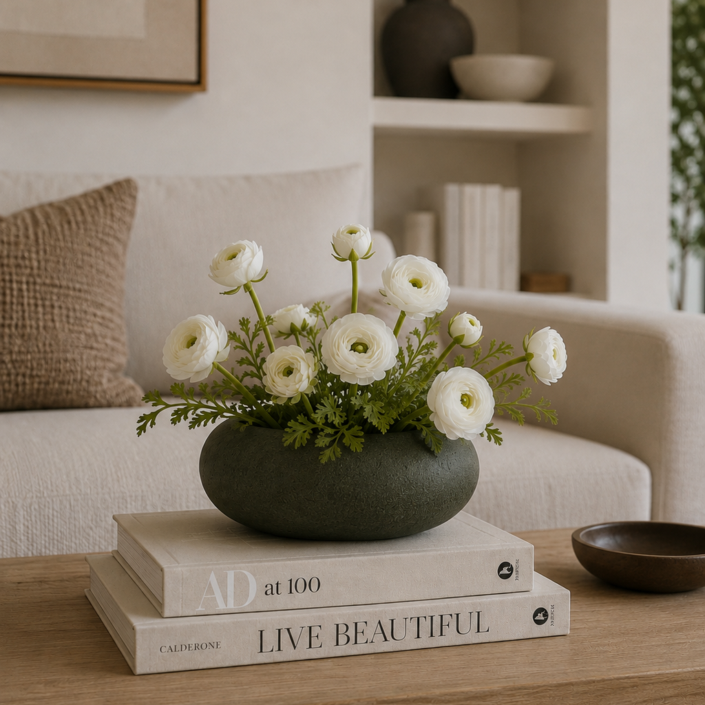 A dark green oval ceramic vase filled with white ranunculus flowers and green foliage, styled on a stack of books on a light wood coffee table in a cozy living room setting.