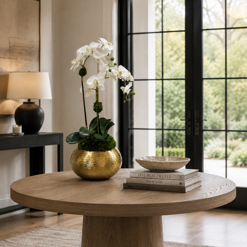 A round light oak wood coffee table in a modern living room setting, styled with a gold metallic vase holding white orchids and a stack of books.