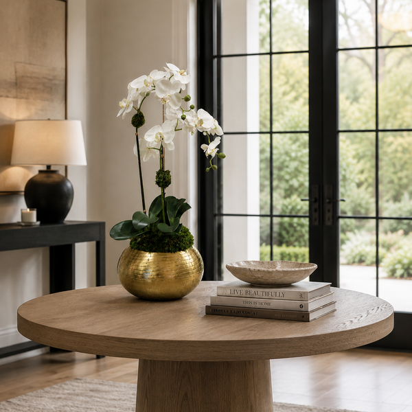 A round light oak wood coffee table in a modern living room setting, styled with a gold metallic vase holding white orchids and a stack of books.