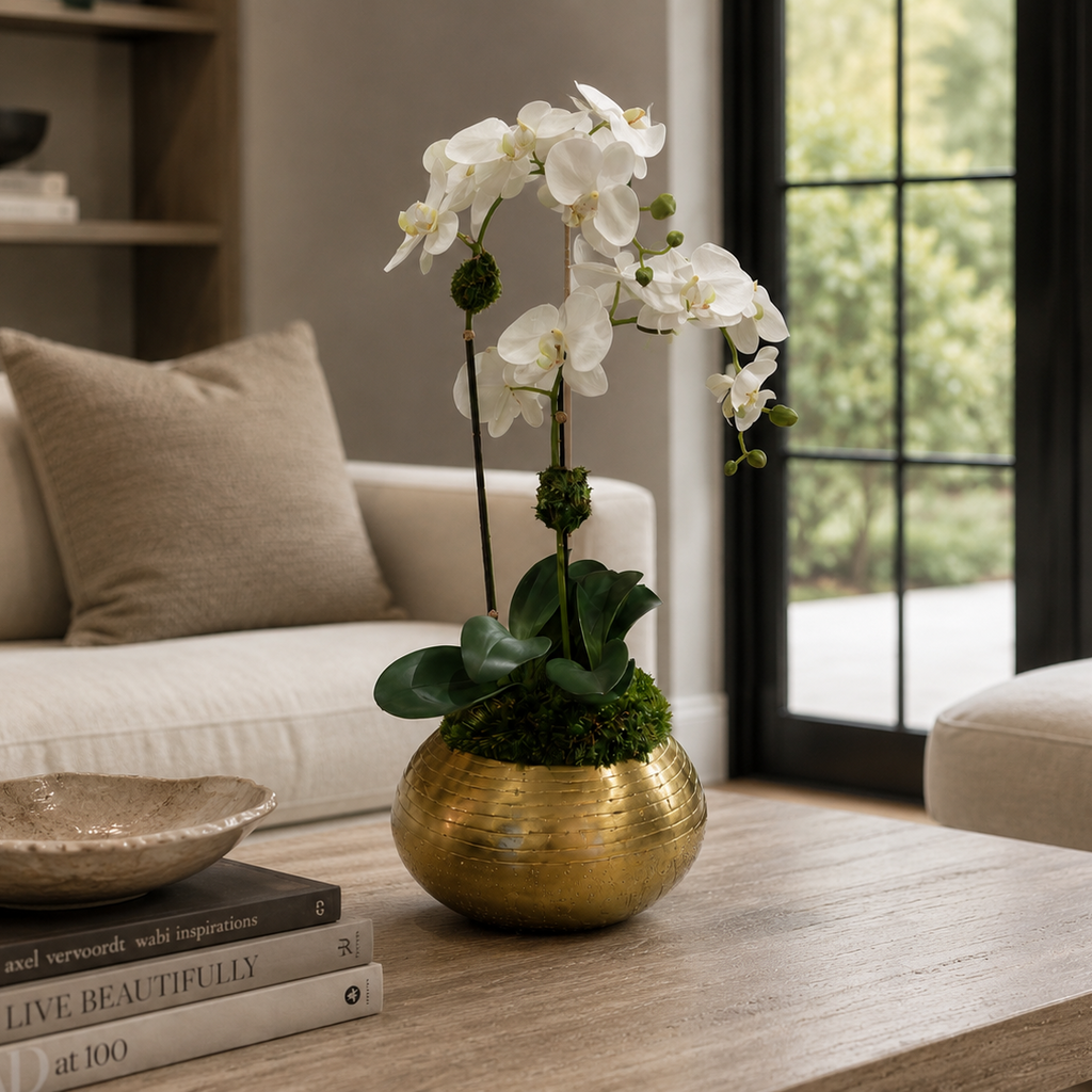 White orchid flowers arranged in a metallic gold vase with green foliage, placed on a light wood coffee table in a modern living room setting.