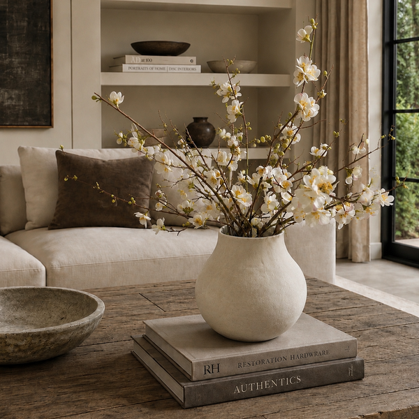 A rustic white ceramic vase filled with white blossoms and delicate branches, styled on a weathered wooden coffee table with stacked books in a warm, modern living room setting.