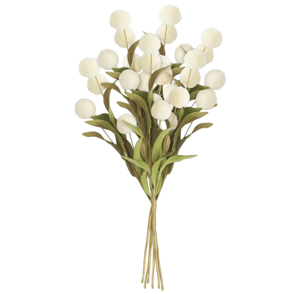 A bouquet of artificial fluffy white pom-pom flowers with olive green leaves and tan stems, isolated on a white background.