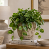 A lush green trailing houseplant in a textured stone planter, styled on a wooden side table in a warm, neutral-toned living room setting.