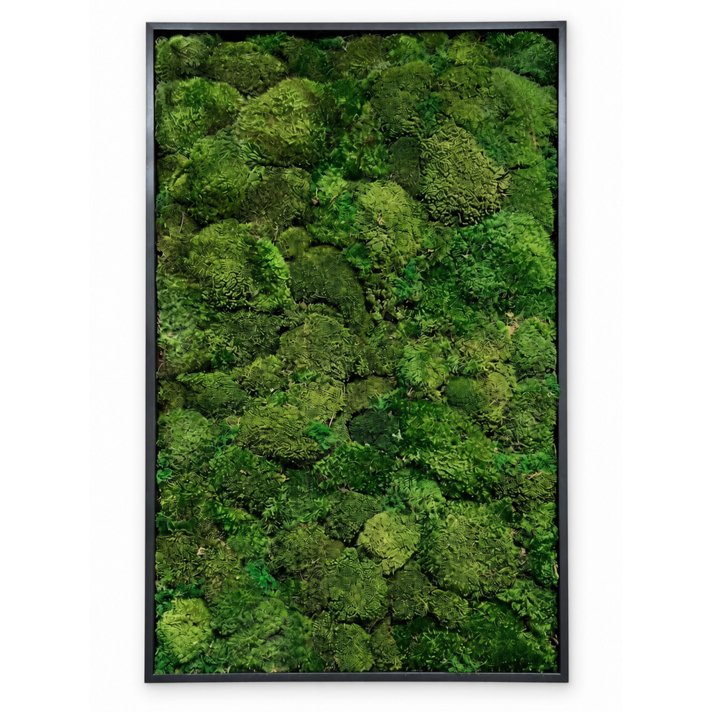 A framed vertical wall art piece featuring a dense textured arrangement of green mosses and foliage, enclosed in a thin black frame against a white background.