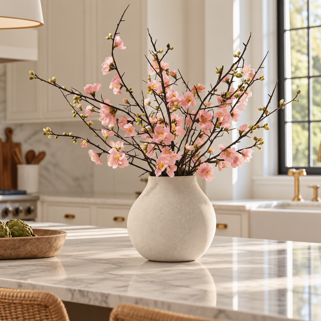 A ceramic vase filled with pink flowering branches arranged on a marble kitchen island, with a bright modern kitchen in the background.