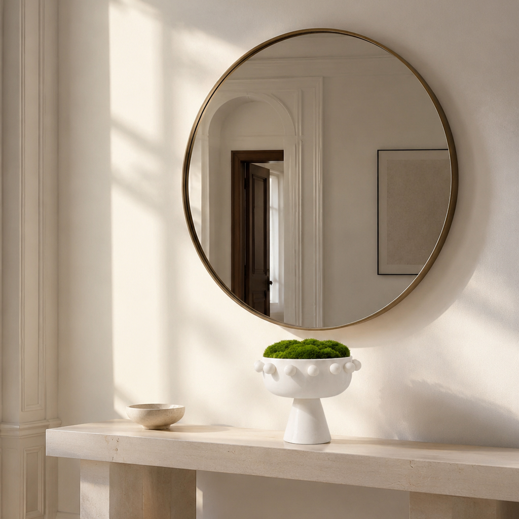 A large round wall mirror with a thin gold-toned frame hangs above a light stone console table in a bright, sunlit interior. A white pedestal bowl with green moss sits on the table, and the mirror reflects part of the room including a doorway and framed artwork.