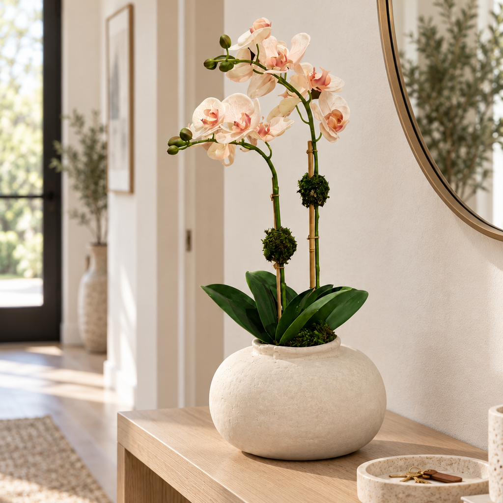 A potted artificial orchid with pale pink flowers and green leaves sits on a light wood console table in a bright, modern hallway. The orchid is housed in a textured off-white ceramic pot.