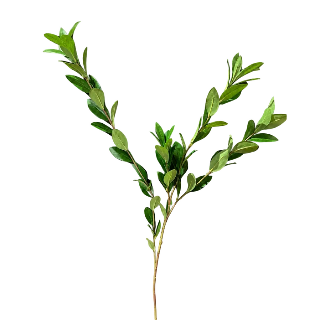 A single artificial-looking green leafy branch with small oval leaves on a light brown stem, isolated on a plain white background.