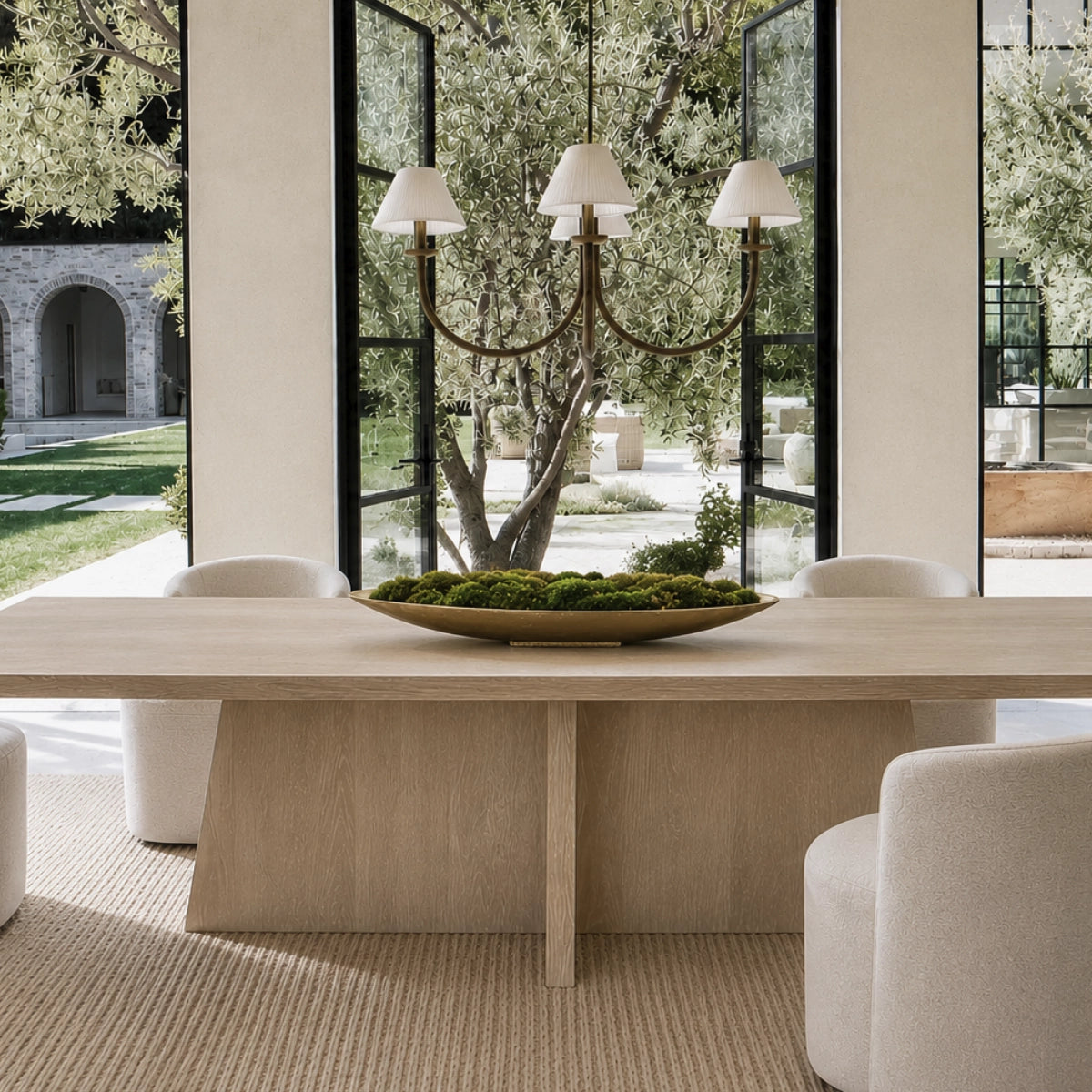 Brass moss-filled boat bowl centerpiece on a dining table with a brass candelabra and garden view.